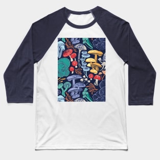 Mystical fungi // pattern // midnight blue background multicoloured wild mushrooms Baseball T-Shirt